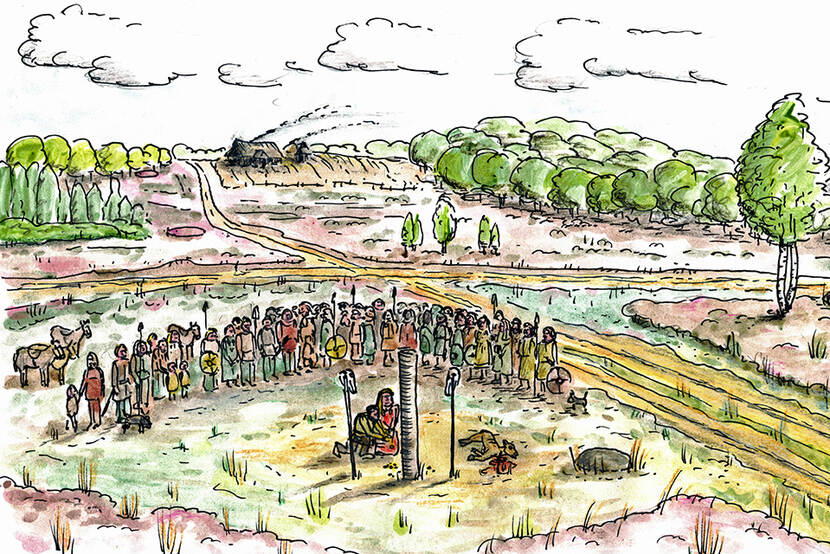 Een tekening waarop een reconstructie te zien is van de offerplaats die mogelijk om de plek van de vondst is geweest